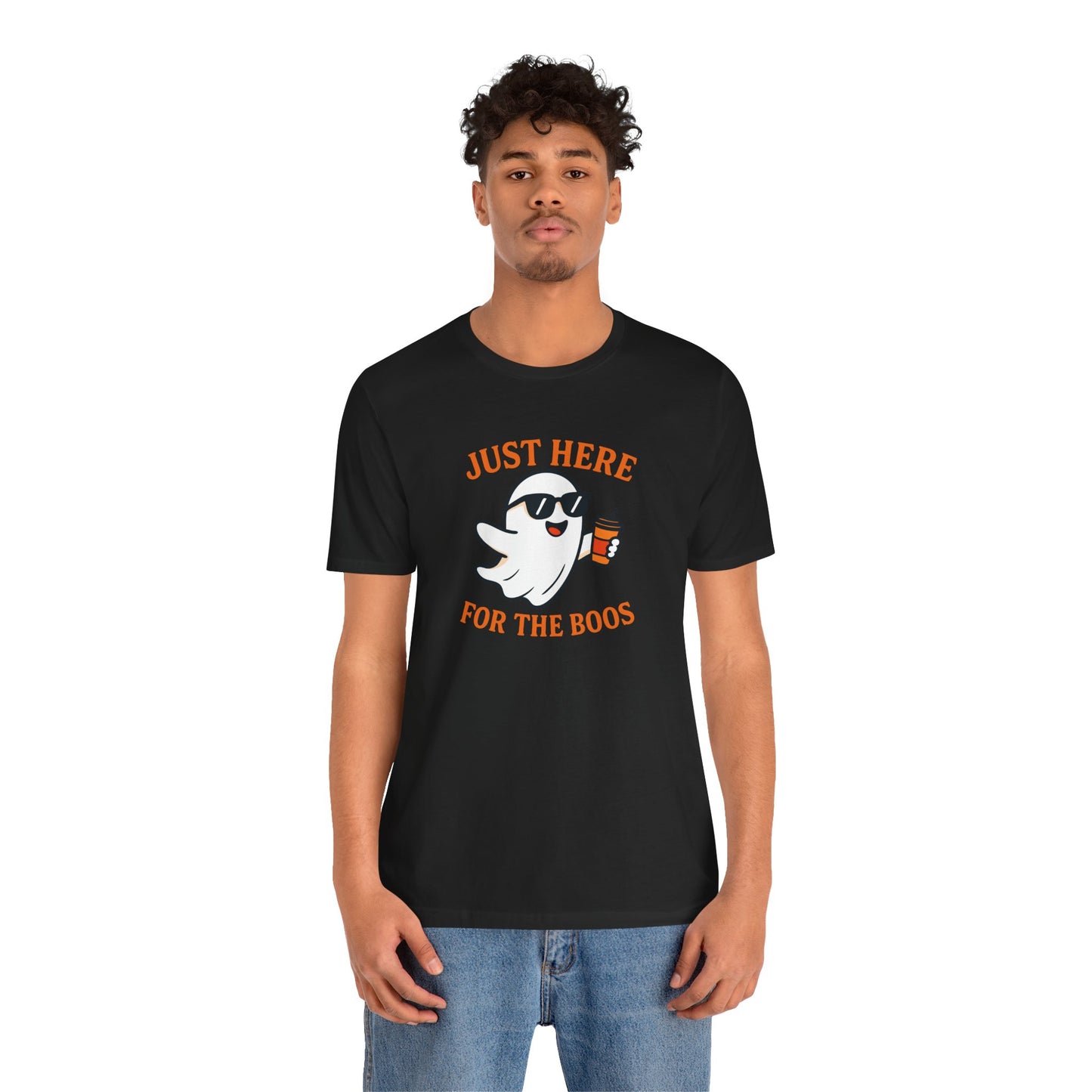 Just Here for the Boos Halloween Shirt – Funny Ghost Drinking Coffee Graphic Tee for Spooky Season