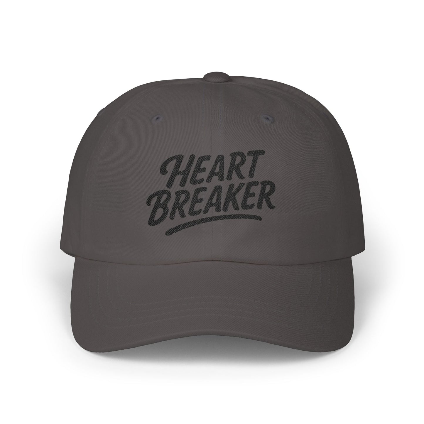 Heartbreaker Embroidered Classic Dad Hat – Bold Baseball Hat with Retro Script and Broken Heart Design for Confident Rule-Breakers. Black Letters