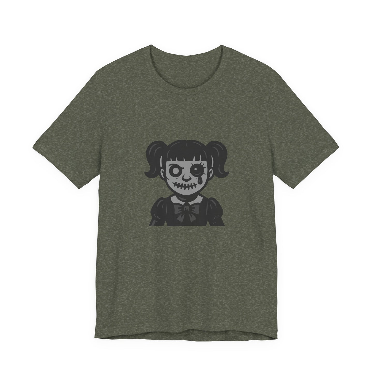 Scary Doll Graphic T-Shirt – Dark Theme Grayscale Creepy Cute Girl Design on Black Tee with Haunted Vibes and Modern Ghost Effect. Unisex Jersey Short Sleeve Tee