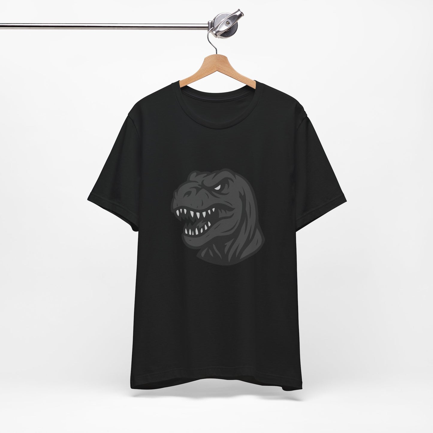 T-Rex Profile Graphic T-Shirt – Dark Theme Grayscale Dinosaur Head on Black Tee with Prehistoric Power and Modern Ghost Effect. Unisex Jersey Short Sleeve Tee