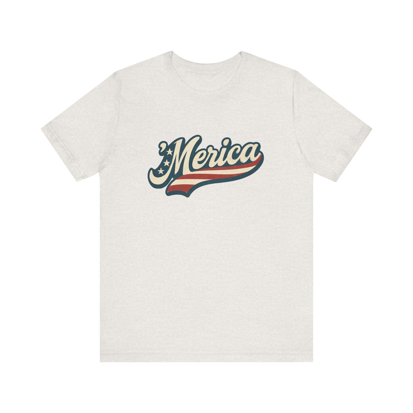 'Merica Vintage Script Shirt – Patriotic Retro USA Tee for 4th of July – Independence Day American Pride Design. Unisex Jersey Short Sleeve Tee