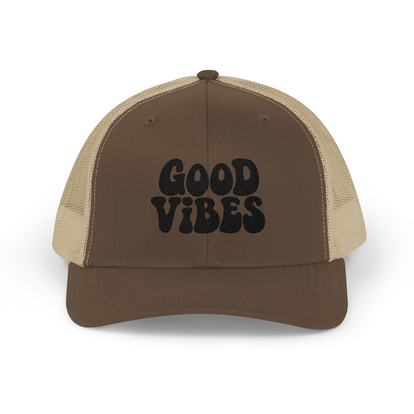 Good Vibes Trucker Hat – Embroidered Retro Text Hat for Positive Vibes, Chill Style, and Everyday Feel-Good Energy. Black Letters
