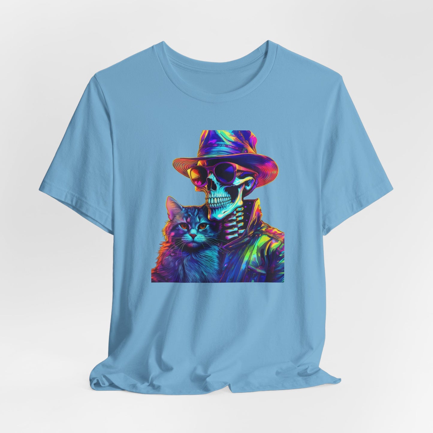 Cool Skeleton and Cat Halloween Shirt – Neon Retro Horror Graphic Tee for Spooky Style and Cat Lovers