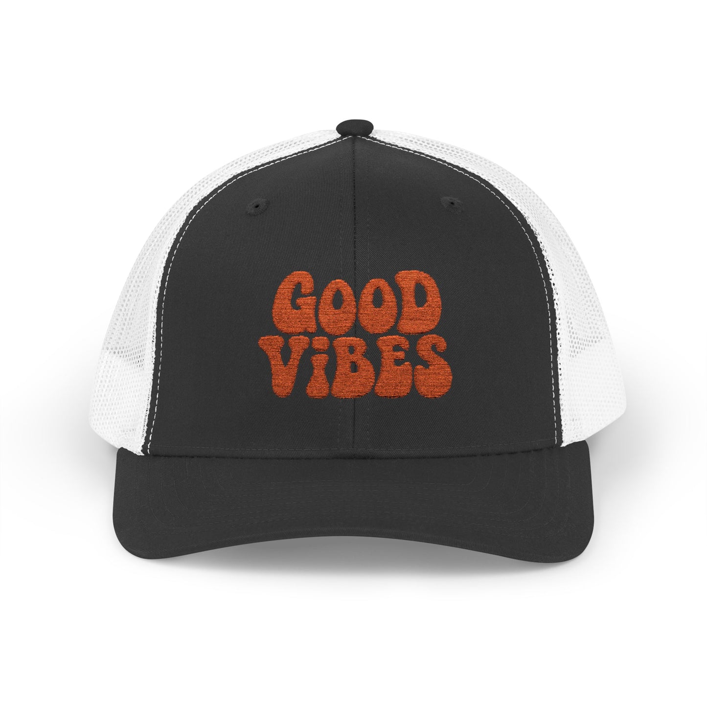 Good Vibes Trucker Hat – Embroidered Retro Text Hat for Positive Vibes, Chill Style, and Everyday Feel-Good Energy. Orange Letters