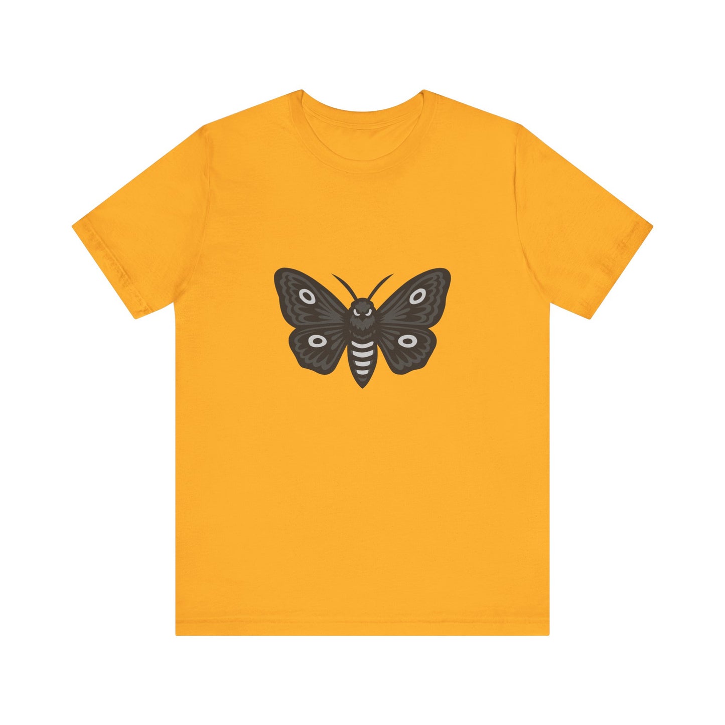 Moth Graphic T-Shirt – Dark Theme Grayscale Winged Insect Design on Black Tee with Gothic Mood and Subtle Modern Ghost Effect. Unisex Jersey Short Sleeve Tee