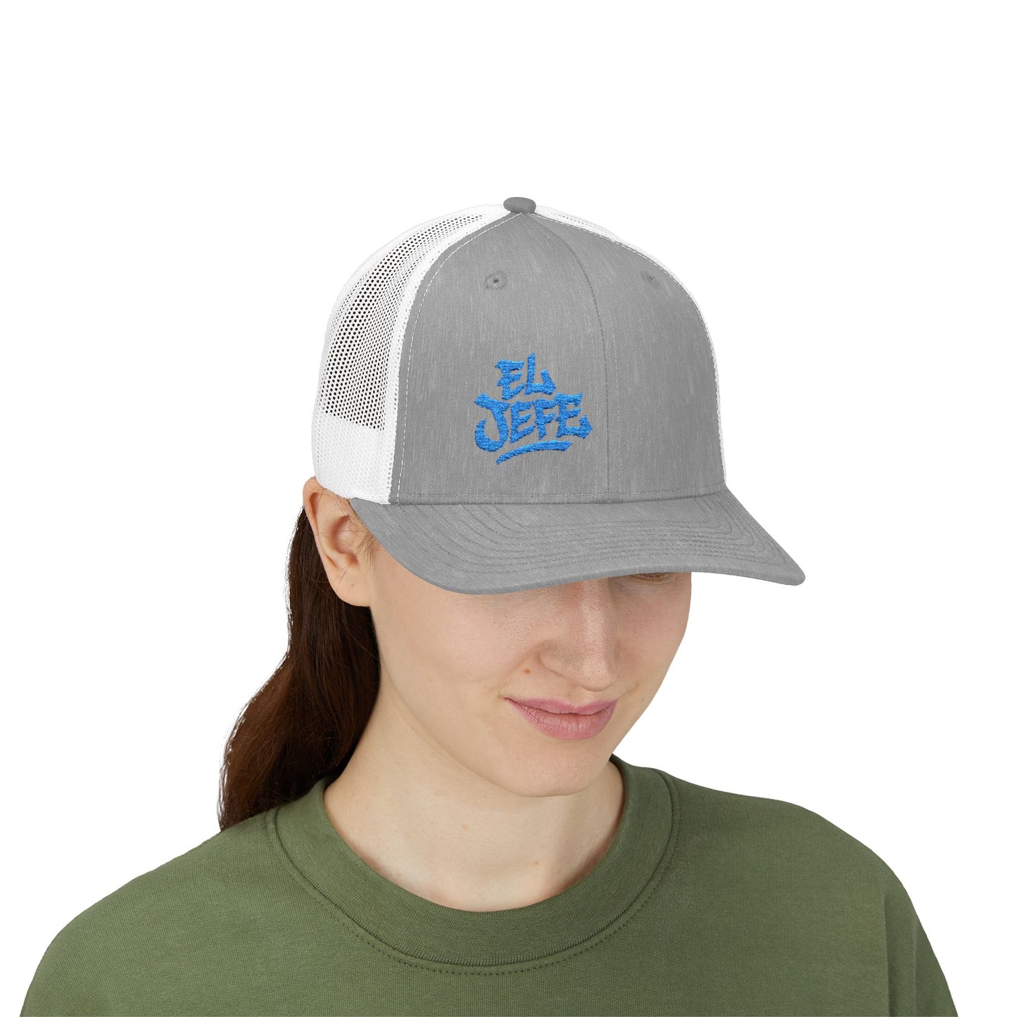 El Jefe Trucker Hat – Embroidered Bold Text Hat for Boss Energy, Leadership Style, and Latin Flair. Blue Letters