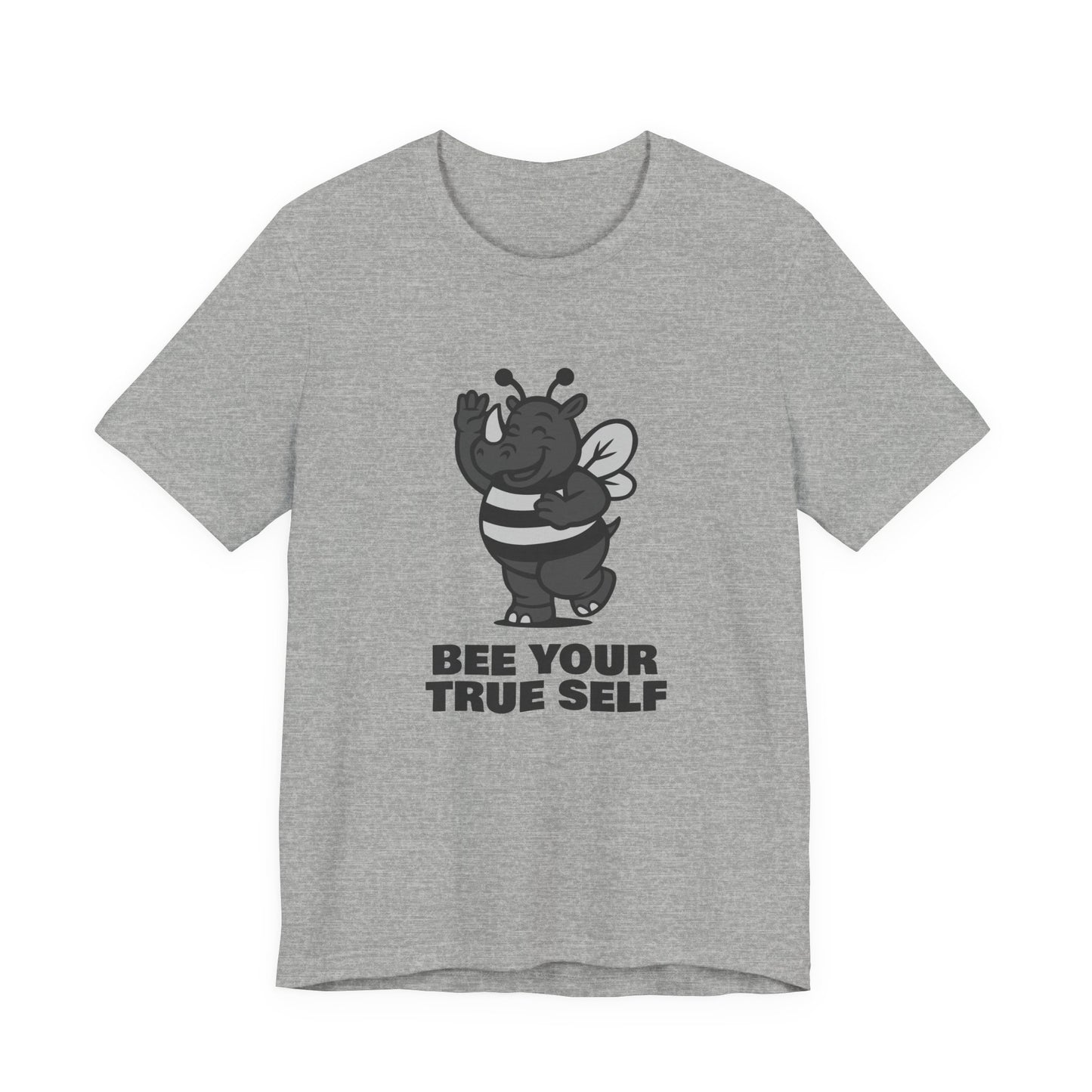 Bee Your True Self T-Shirt – Dark Theme Grayscale Rhino in Bee Costume on Black Tee with Wholesome Humor and Self-Expression Message. Unisex Jersey Short Sleeve Tee