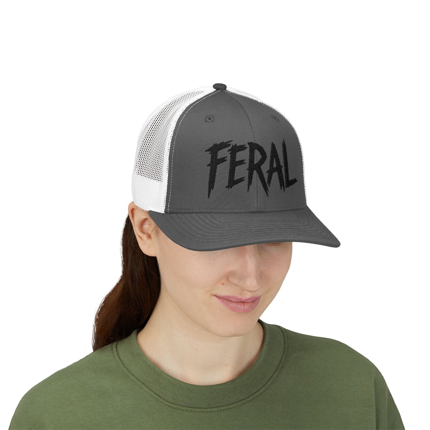 FERAL Embroidered Trucker Hat – Bold Statement Baseball Hat with Wild Energy Font for Rebels, Misfits, and Chaos Enthusiasts