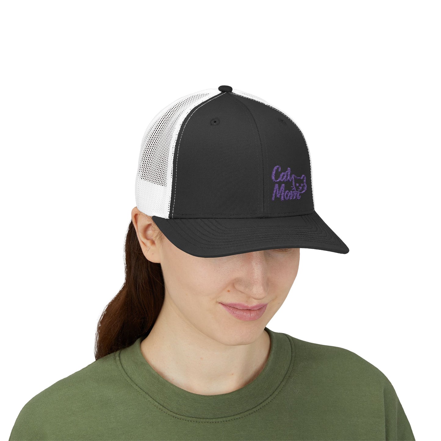 Cat Mom Trucker Hat – Embroidered Minimalist Cat Face Hat for Proud Pet Moms and Stylish Feline Fans. Purple Letters