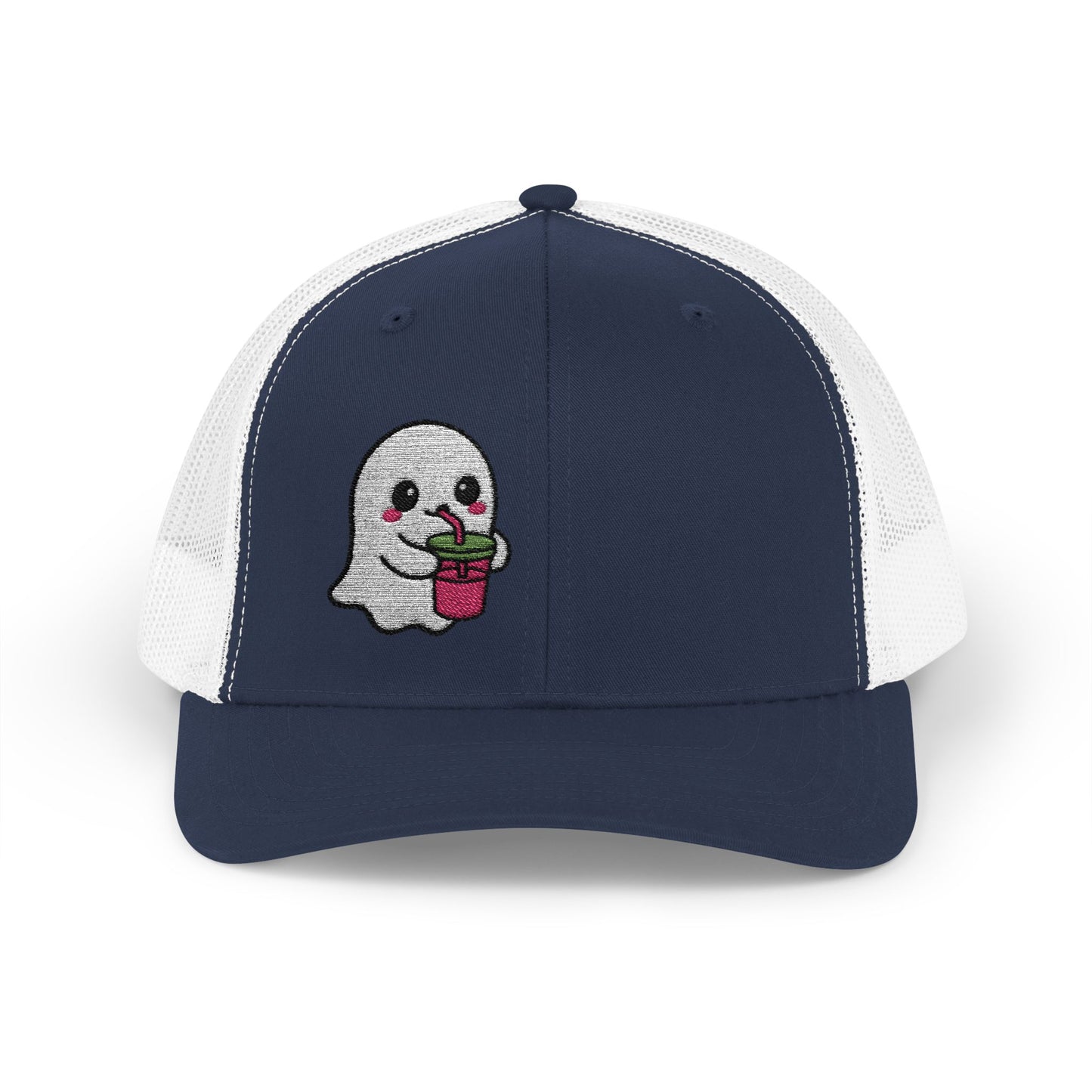 Cute Ghost Trucker Hat – Embroidered Kawaii Ghost Drinking Hat for Halloween Vibes and Everyday Boo Energy