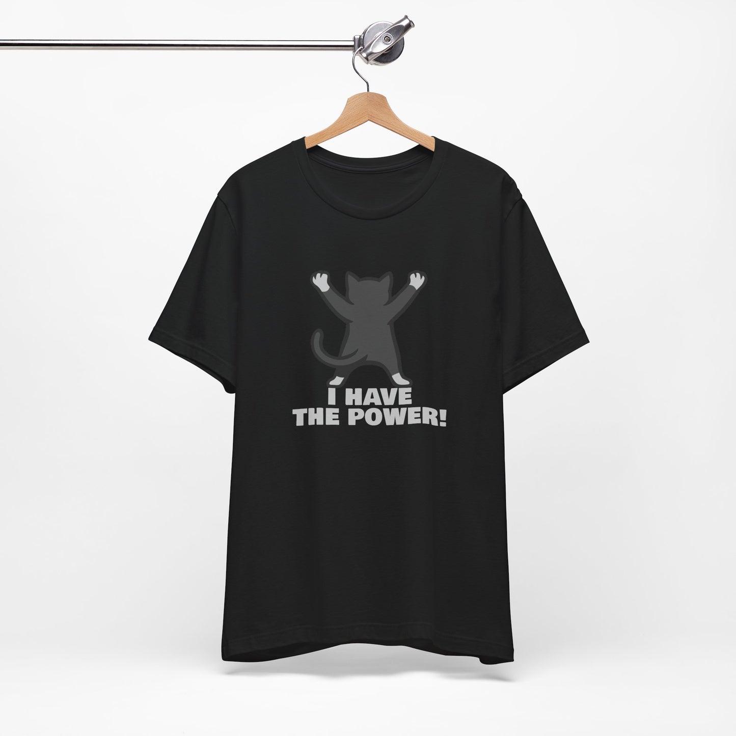 I Have the Power Cat Shirt – Hilarious Victory Pose in Dark Theme Feline Graphic Style. Unisex Jersey Short Sleeve Tee