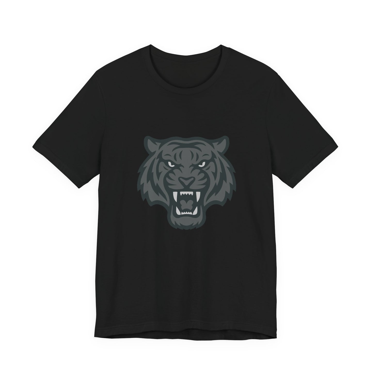 Tiger Head Graphic T-Shirt – Dark Theme Grayscale Roaring Beast Design on Black Tee with Fierce Focus and Modern Ghost Effect. Unisex Jersey Short Sleeve Tee