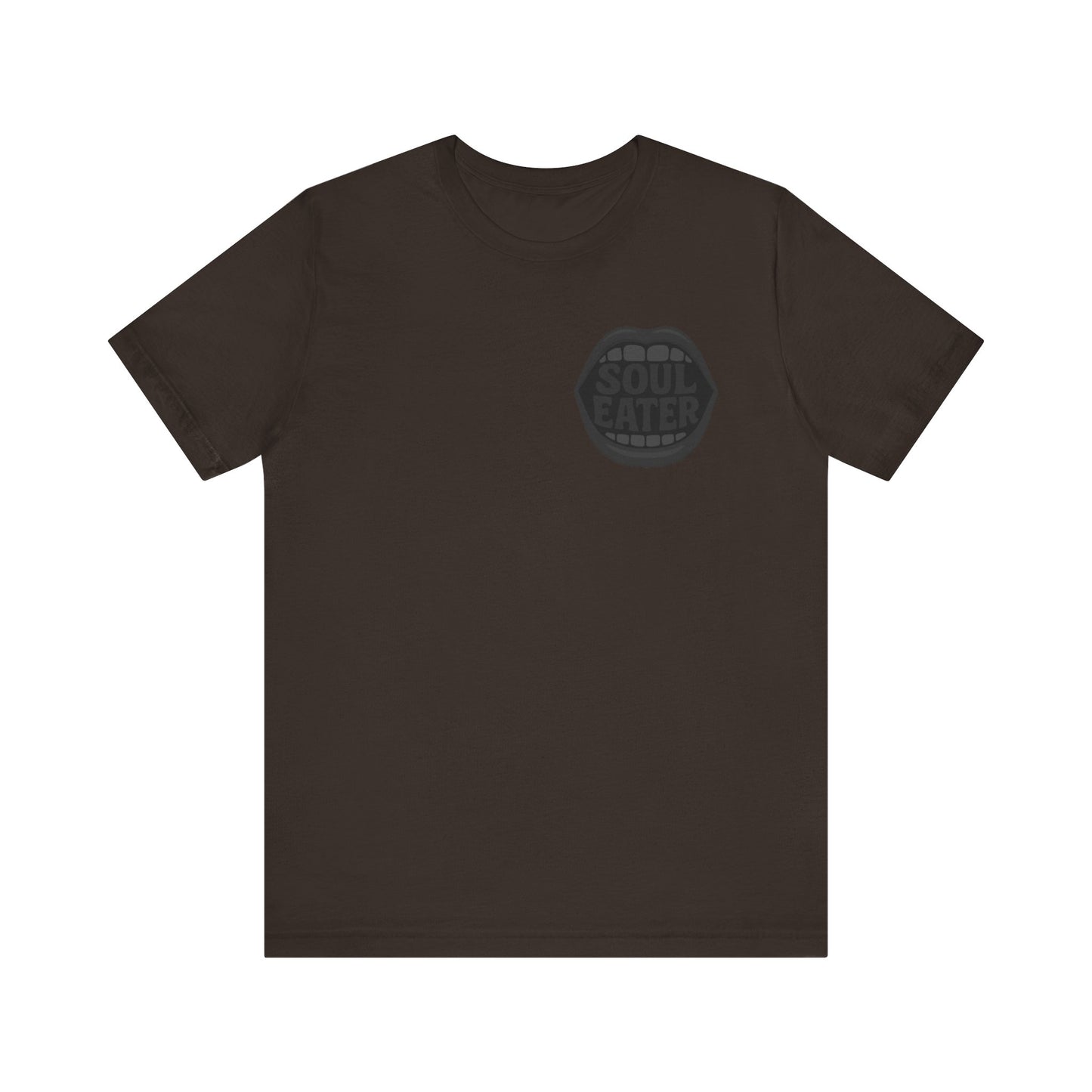 Soul Eater Mouth Graphic T-Shirt – Dark Theme Grayscale Teeth Typography on Black Tee with Horror Vibes and Modern Ghost Effect. Unisex Jersey Short Sleeve Tee