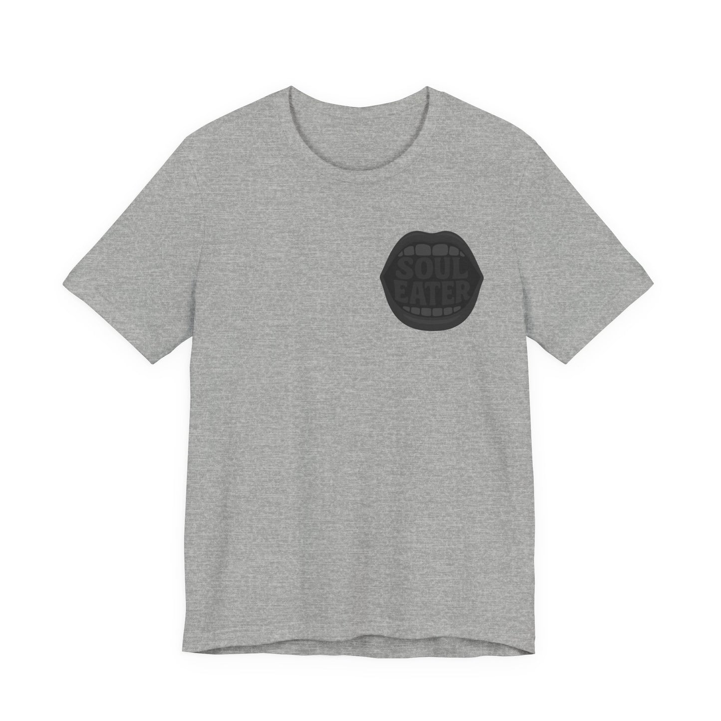Soul Eater Mouth Graphic T-Shirt – Dark Theme Grayscale Teeth Typography on Black Tee with Horror Vibes and Modern Ghost Effect. Unisex Jersey Short Sleeve Tee