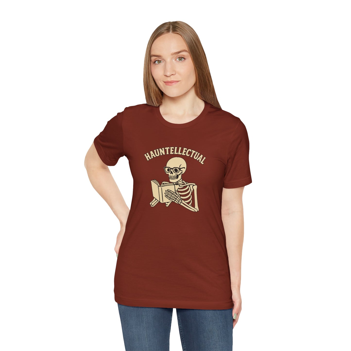 Hauntellectual Halloween Shirt – Funny Skeleton Reading Book Tee for Spooky Smart People