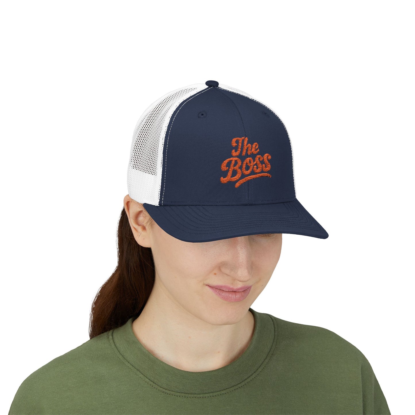 The Boss Trucker Hat – Embroidered Statement Hat for Power Moves Only. Orange Letters