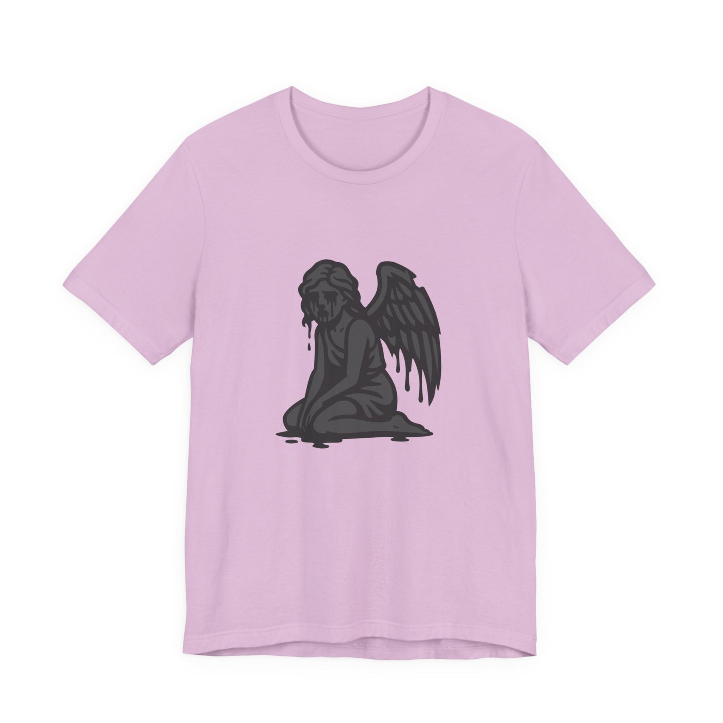 Fallen Angel Dark Theme Graphic T-Shirt – Dark Grayscale Crying Angel Design on Black Tee with Gothic Mood and Modern Ghost Effect. Unisex Jersey Short Sleeve Tee