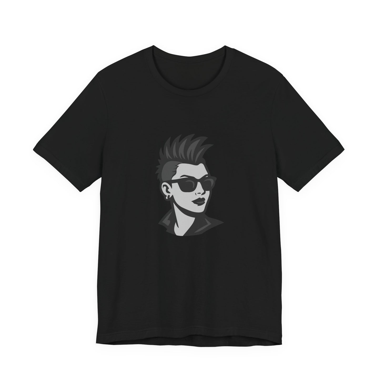 Punk Girl Graphic T-Shirt – Dark Theme Grayscale Spiked Hair Portrait on Black Tee with Bold Energy and Modern Ghost Effect. Unisex Jersey Short Sleeve Tee