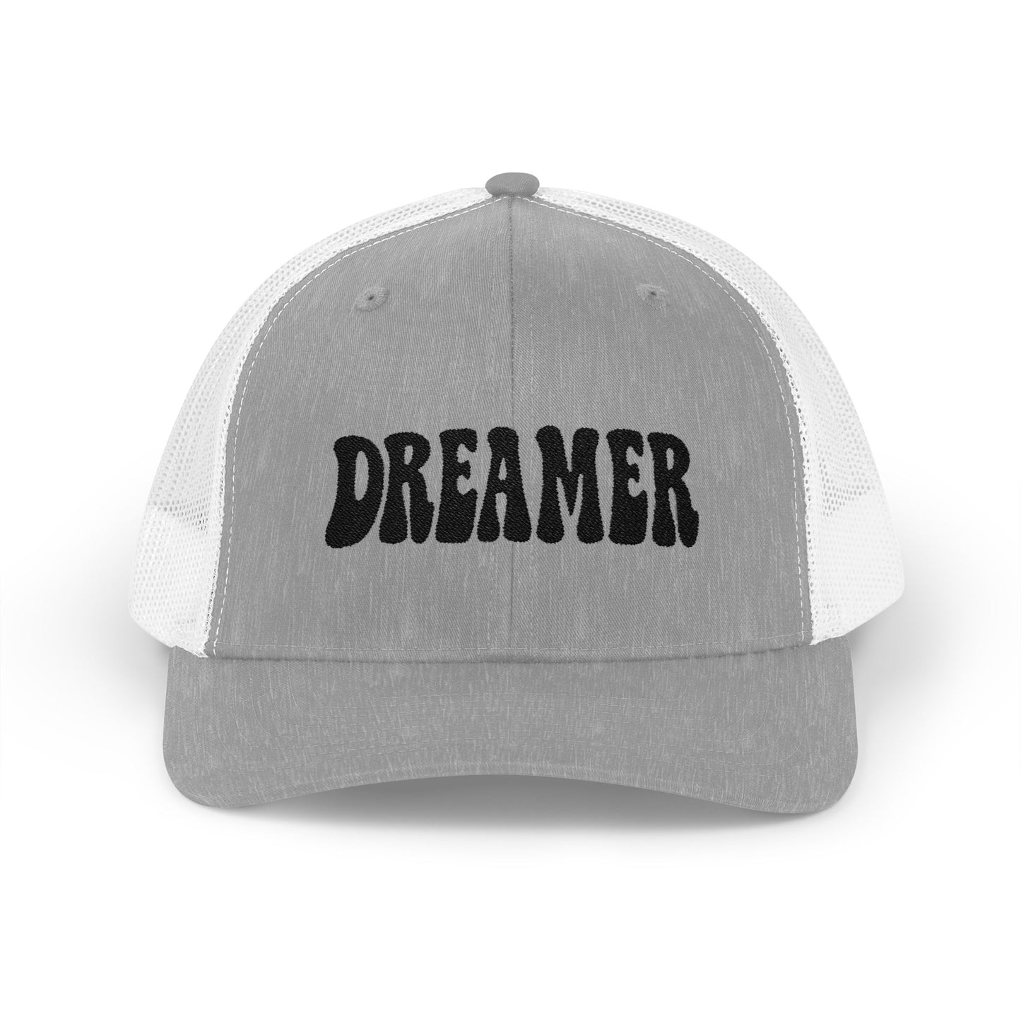 Dreamer Trucker Hat – Embroidered Minimalist Script Hat for Visionaries, Creatives, and Chill Daydreamers. Black Letters