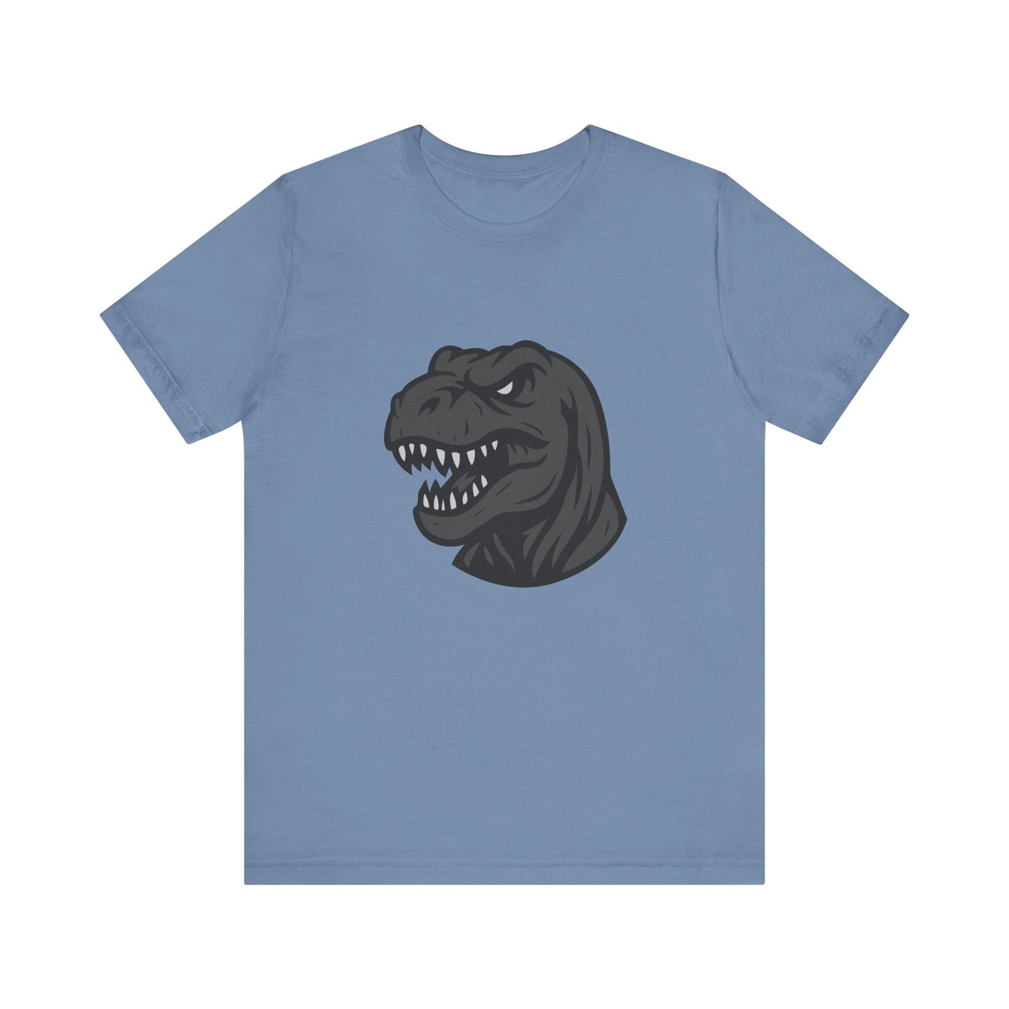 T-Rex Profile Graphic T-Shirt – Dark Theme Grayscale Dinosaur Head on Black Tee with Prehistoric Power and Modern Ghost Effect. Unisex Jersey Short Sleeve Tee
