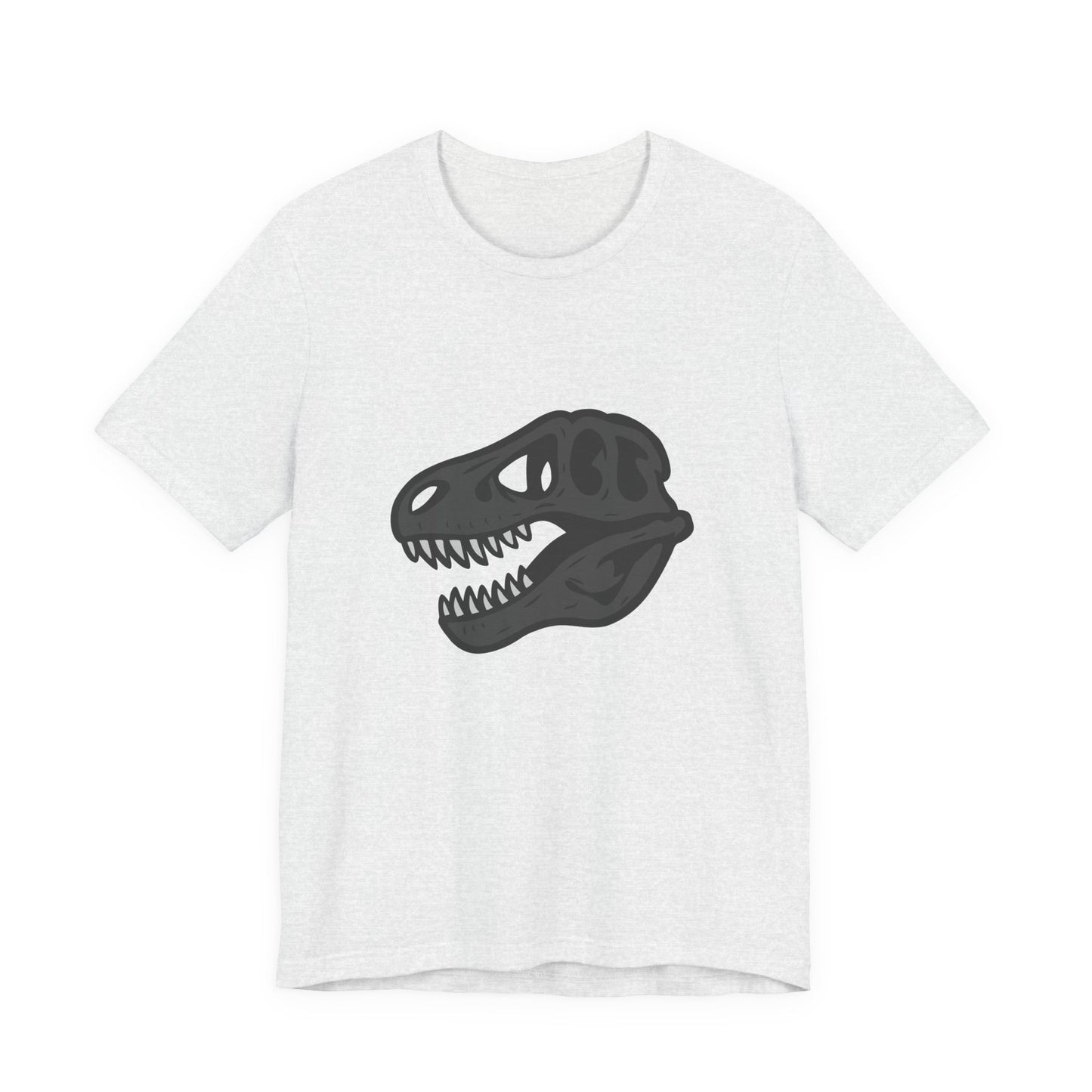 T-Rex Skull Graphic T-Shirt – Dark Theme Grayscale Dinosaur Skeleton Design on Black Tee with Prehistoric Edge and Modern Ghost Effect. Unisex Jersey Short Sleeve Tee