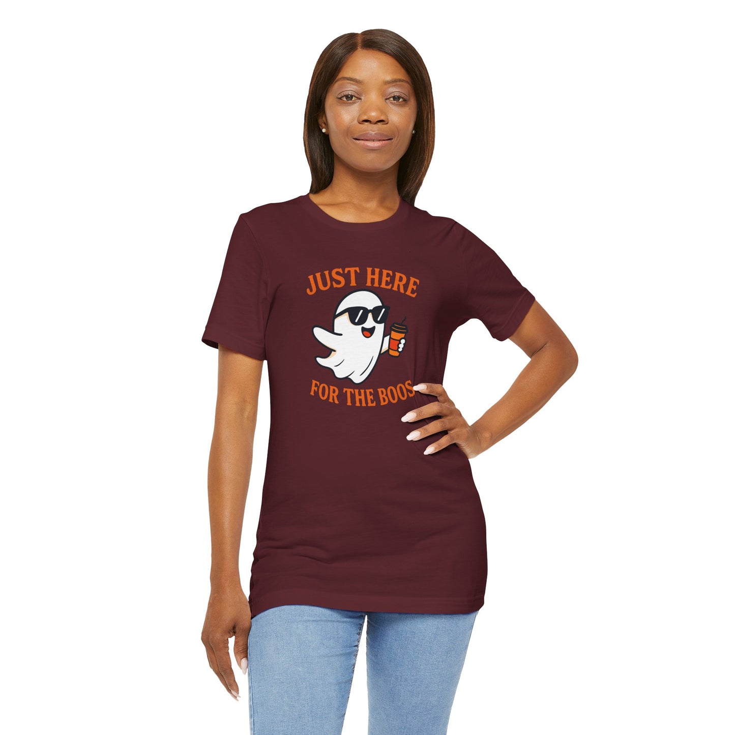 Just Here for the Boos Halloween Shirt – Funny Ghost Drinking Coffee Graphic Tee for Spooky Season