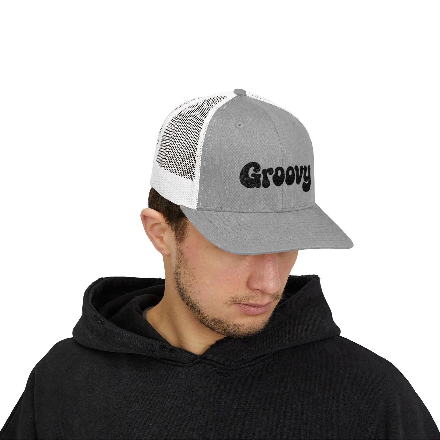 Groovy Trucker Hat – Retro Embroidered Hat with 70s Style Font for Funky Vibes, Chill Days, and Vintage Cool. Black Letters