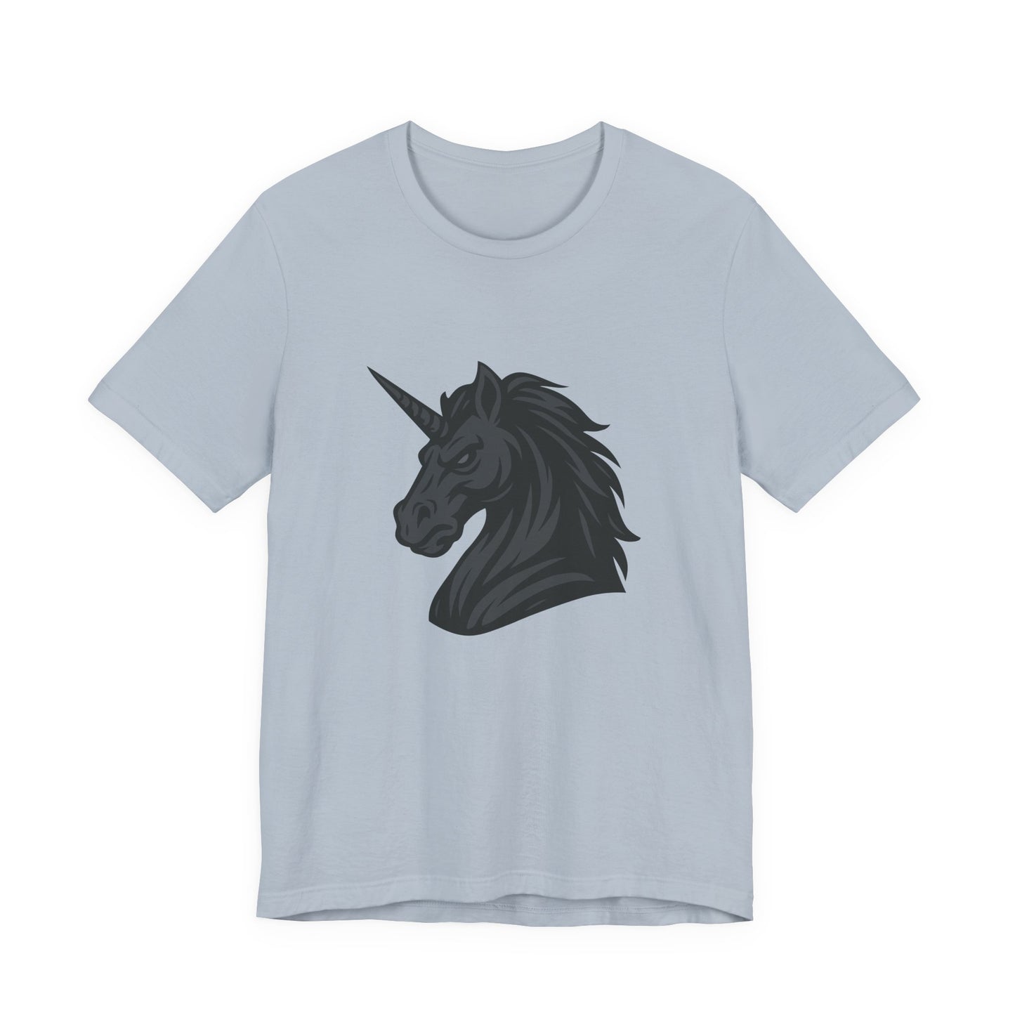 Dark Unicorn Profile T-Shirt – Dark Theme Grayscale Fierce Mythical Horse Design on Black Tee with Gothic Magic and Modern Ghost Effect. Unisex Jersey Short Sleeve Tee