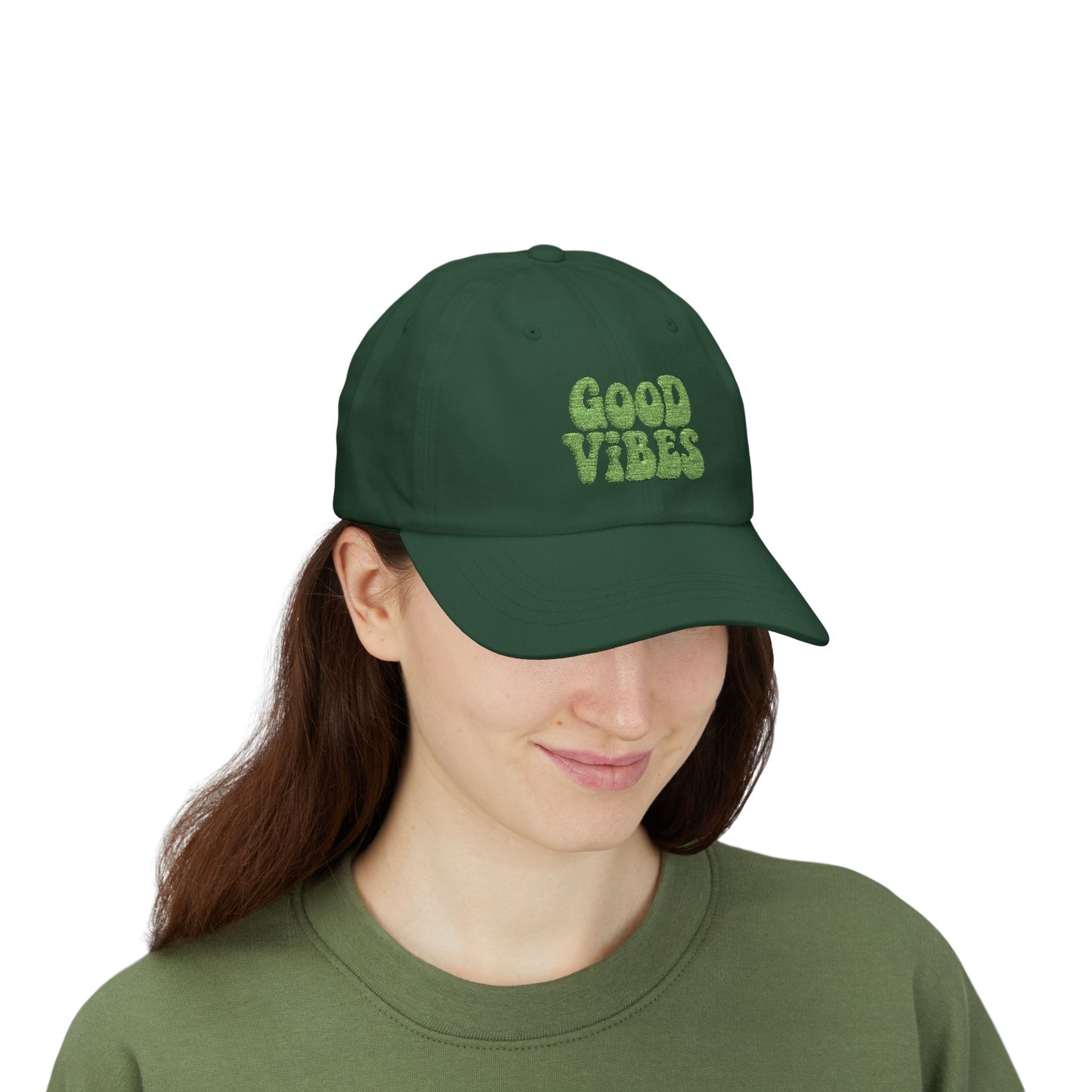 Good Vibes Classic Dad Hat – Embroidered Retro Text Hat for Positive Vibes, Chill Style, and Everyday Feel-Good Energy. Green Letters