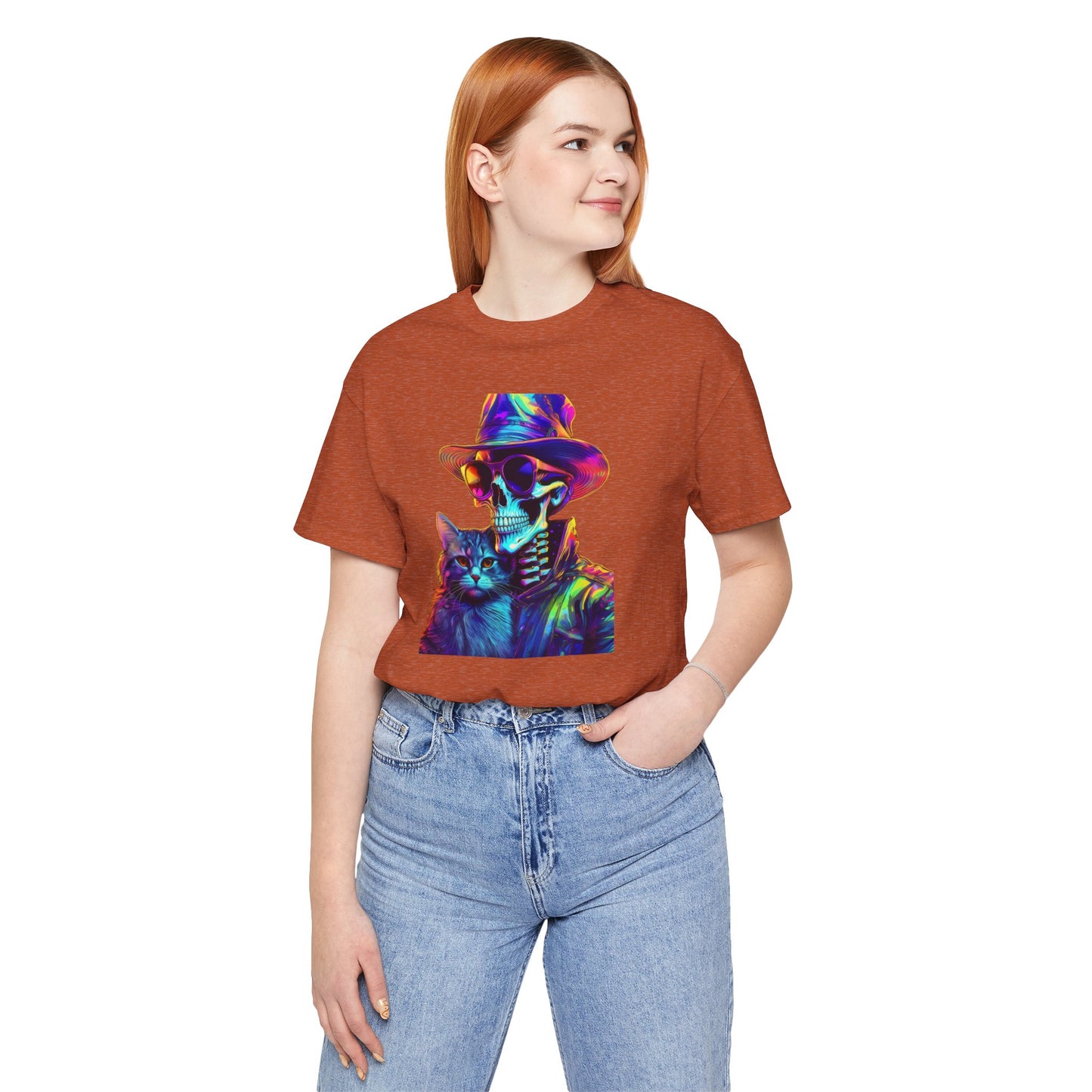 Cool Skeleton and Cat Halloween Shirt – Neon Retro Horror Graphic Tee for Spooky Style and Cat Lovers