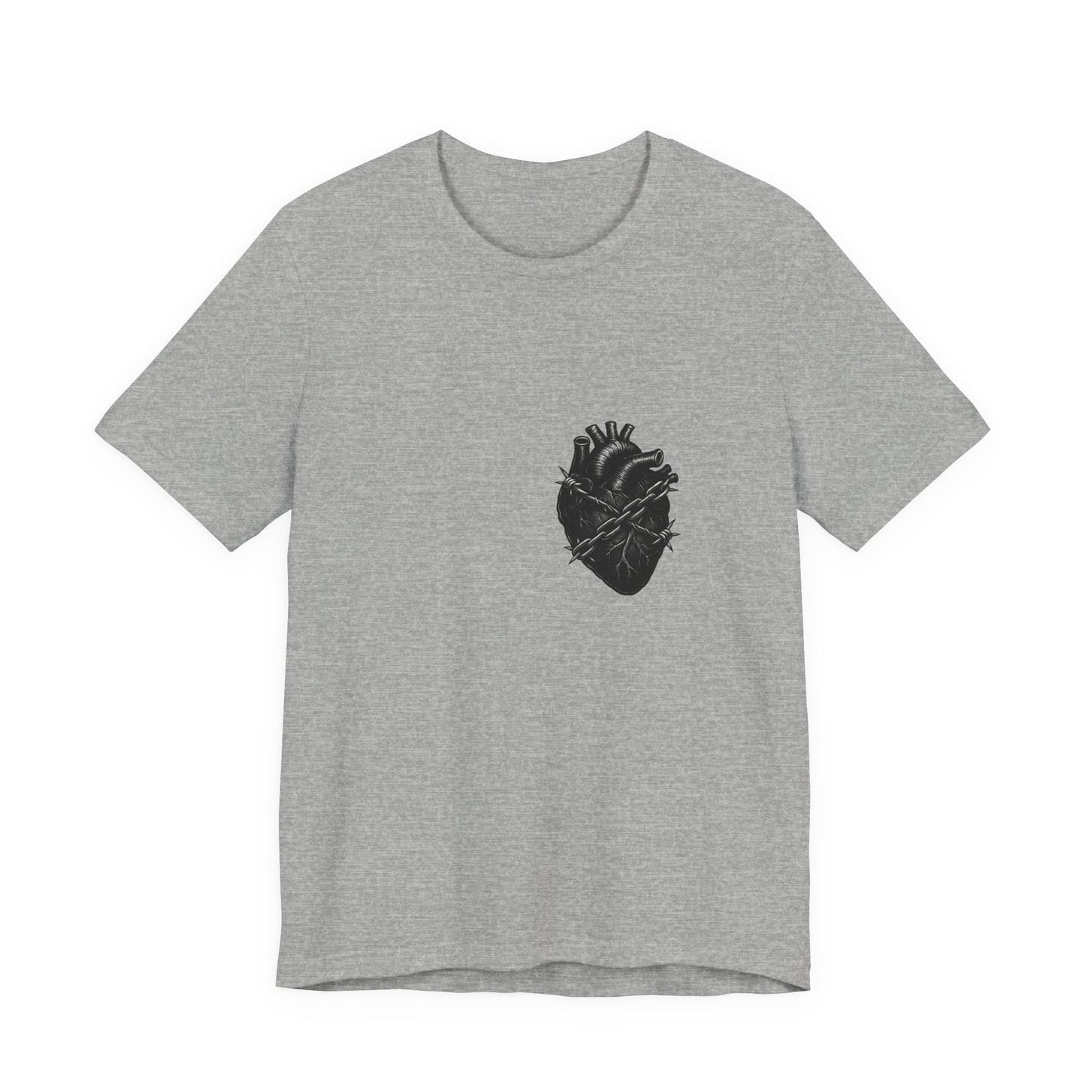 Heart in Chains Shirt – Dark Theme Anatomical Heart Wrapped in Barbed Wire and Commitment Issues. Unisex Jersey Short Sleeve Tee