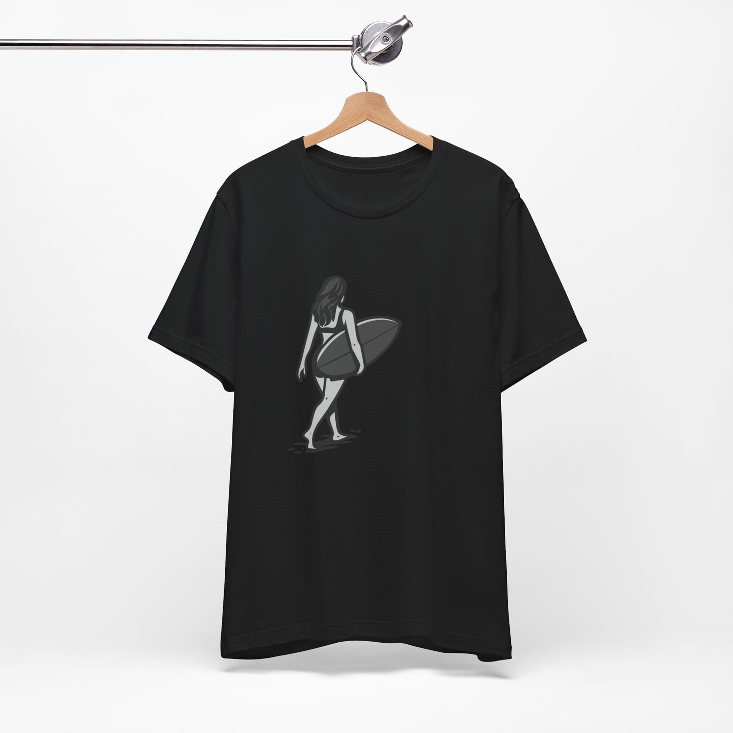 Surfer Girl Walking Graphic T-Shirt – Dark Theme Grayscale Beach Scene on Black Tee with Coastal Calm and Modern Ghost Effect. Unisex Jersey Short Sleeve Tee