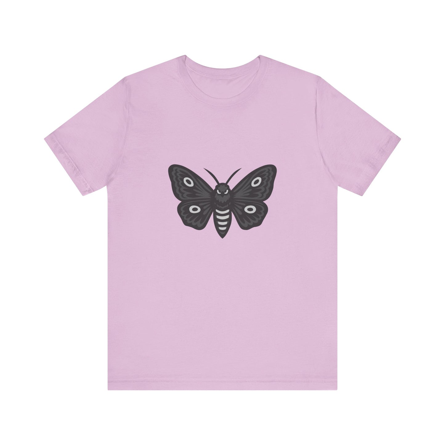 Moth Graphic T-Shirt – Dark Theme Grayscale Winged Insect Design on Black Tee with Gothic Mood and Subtle Modern Ghost Effect. Unisex Jersey Short Sleeve Tee
