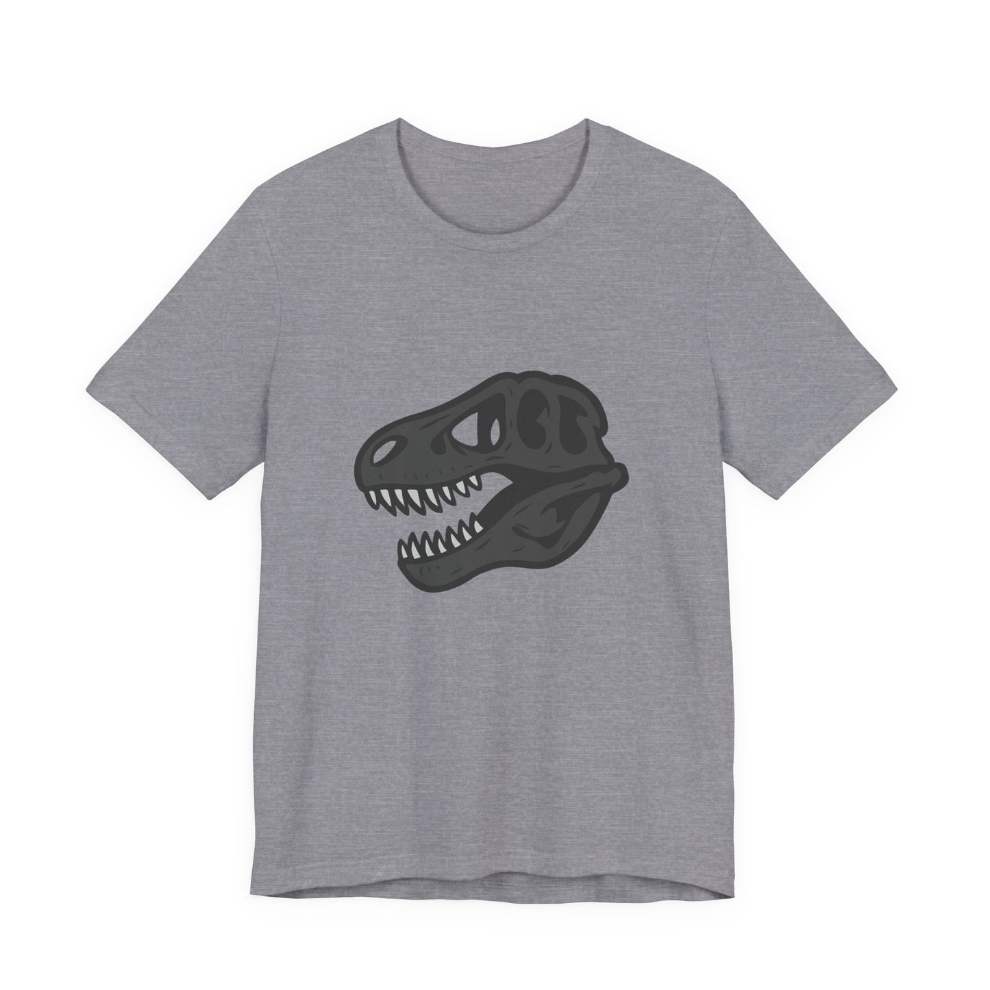 T-Rex Skull Graphic T-Shirt – Dark Theme Grayscale Dinosaur Skeleton Design on Black Tee with Prehistoric Edge and Modern Ghost Effect. Unisex Jersey Short Sleeve Tee