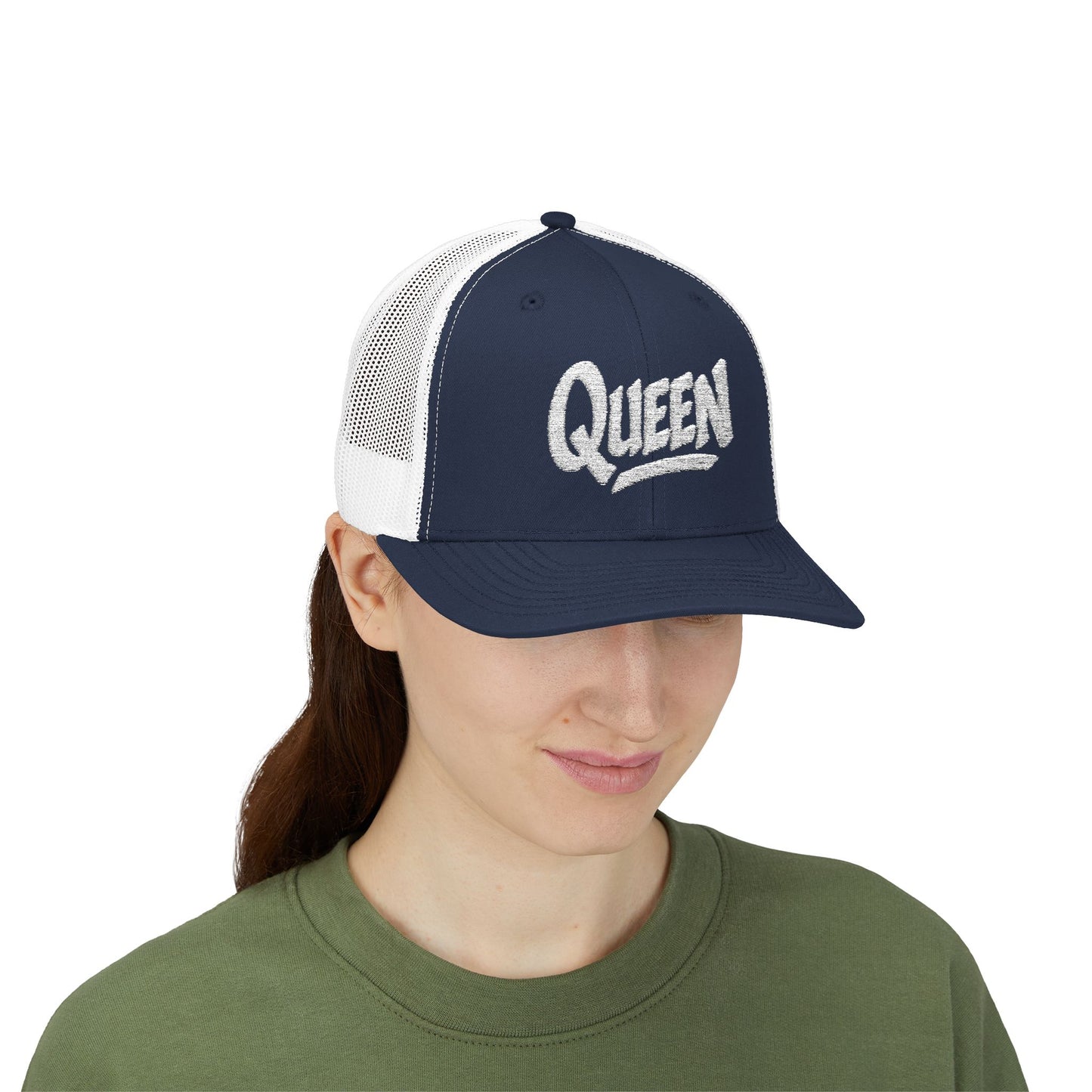 Queen Trucker Hat – Embroidered Crown Hat for Confident Women. White Letters
