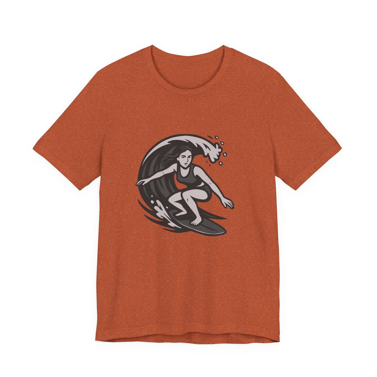 Surf Girl Graphic T-Shirt – Dark Theme Grayscale Female Surfer Riding Wave on Black Tee with Flow State Energy and Modern Ghost Effect. Unisex Jersey Short Sleeve Tee