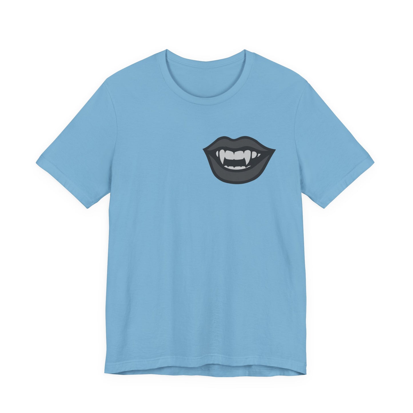 Vampire Mouth Graphic T-Shirt – Dark Theme Grayscale Fanged Lips on Black Tee with Gothic Bite and Modern Ghost Effect. Unisex Jersey Short Sleeve Tee