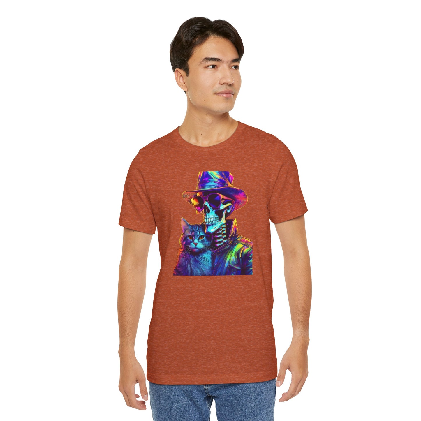 Cool Skeleton and Cat Halloween Shirt – Neon Retro Horror Graphic Tee for Spooky Style and Cat Lovers