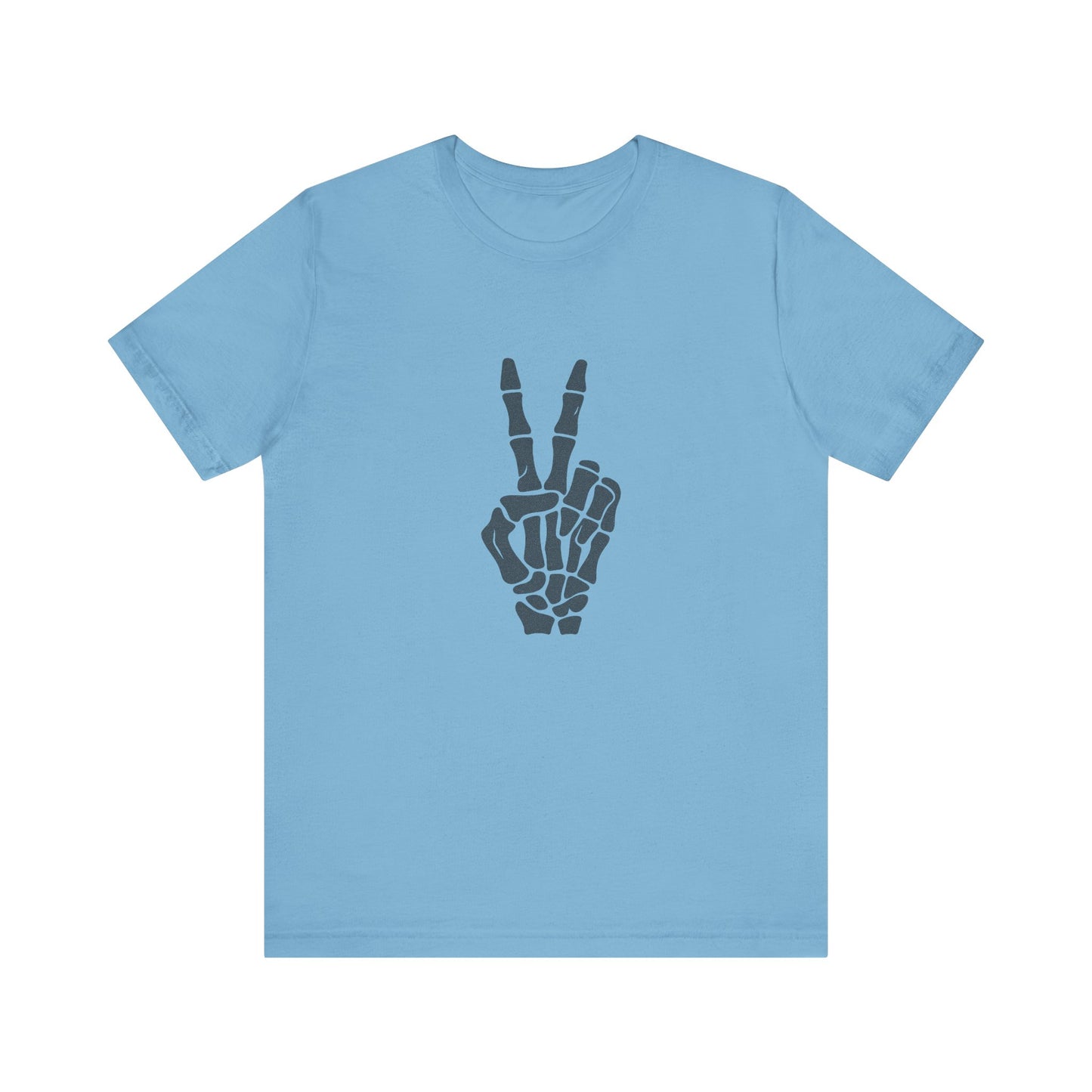 Skeleton Peace Hand Graphic T-Shirt – Gritty Dark Theme Grayscale Bones on Black Tee with Rebellious Calm and Modern Ghost Effect. Unisex Jersey Short Sleeve Tee