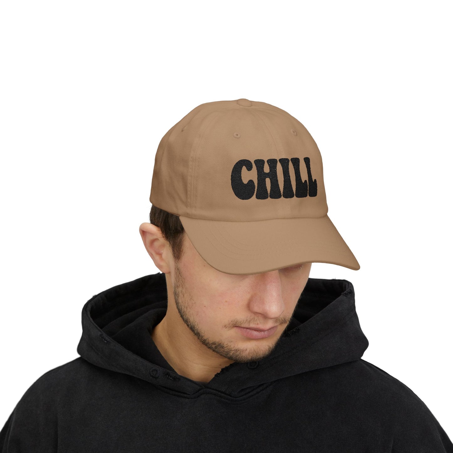 Chill Classic Dad Hat – Embroidered Relaxed Script Hat for Easygoing Vibes and Everyday Cool. Black Letters