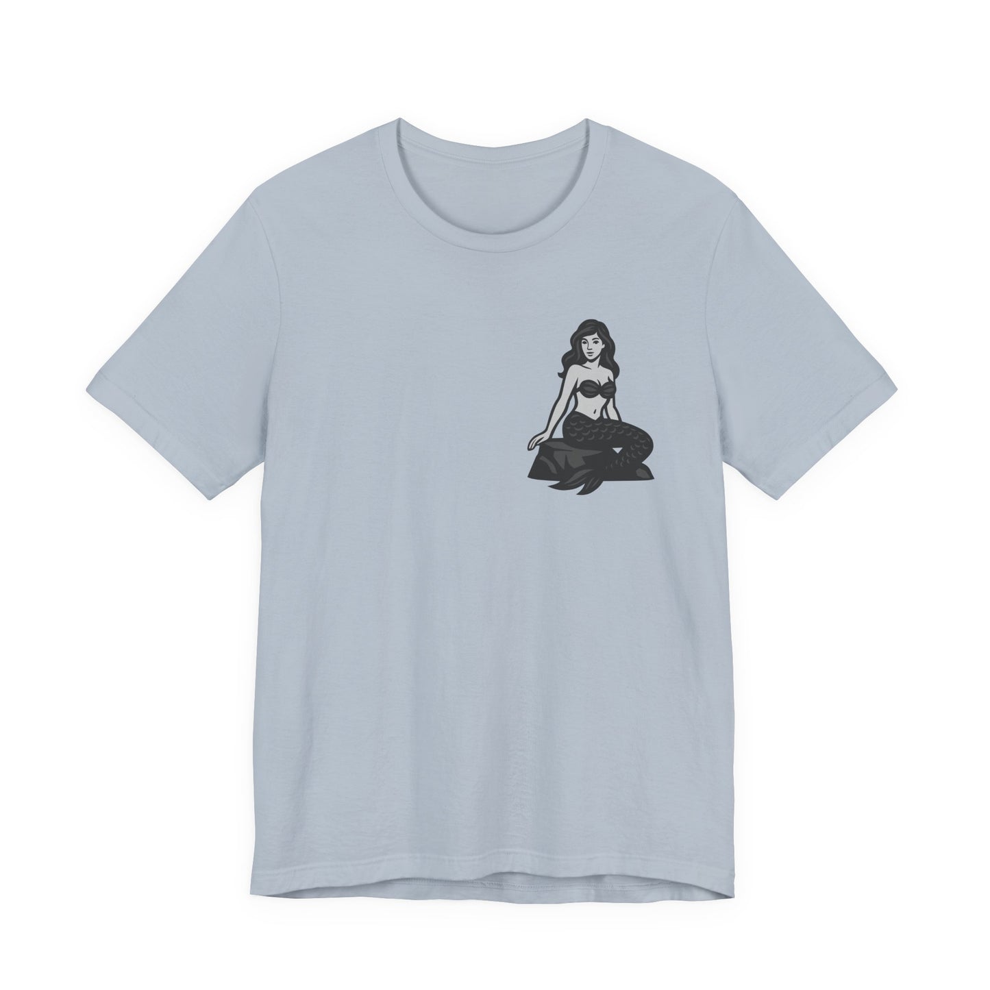 Mermaid Graphic T-Shirt – Dark Theme Grayscale Siren on Rock Design on Black Tee with Fantasy Vibes and Modern Ghost Effect. Unisex Jersey Short Sleeve Tee