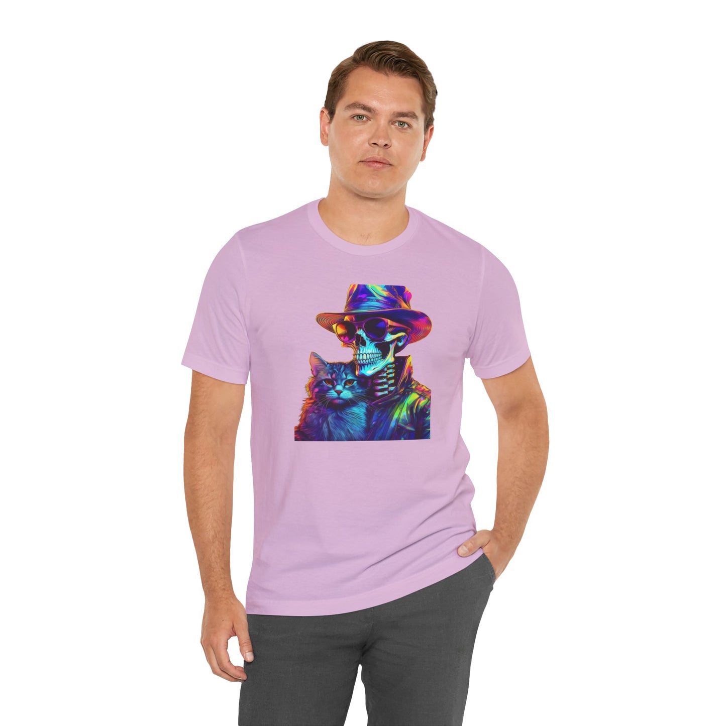 Cool Skeleton and Cat Halloween Shirt – Neon Retro Horror Graphic Tee for Spooky Style and Cat Lovers