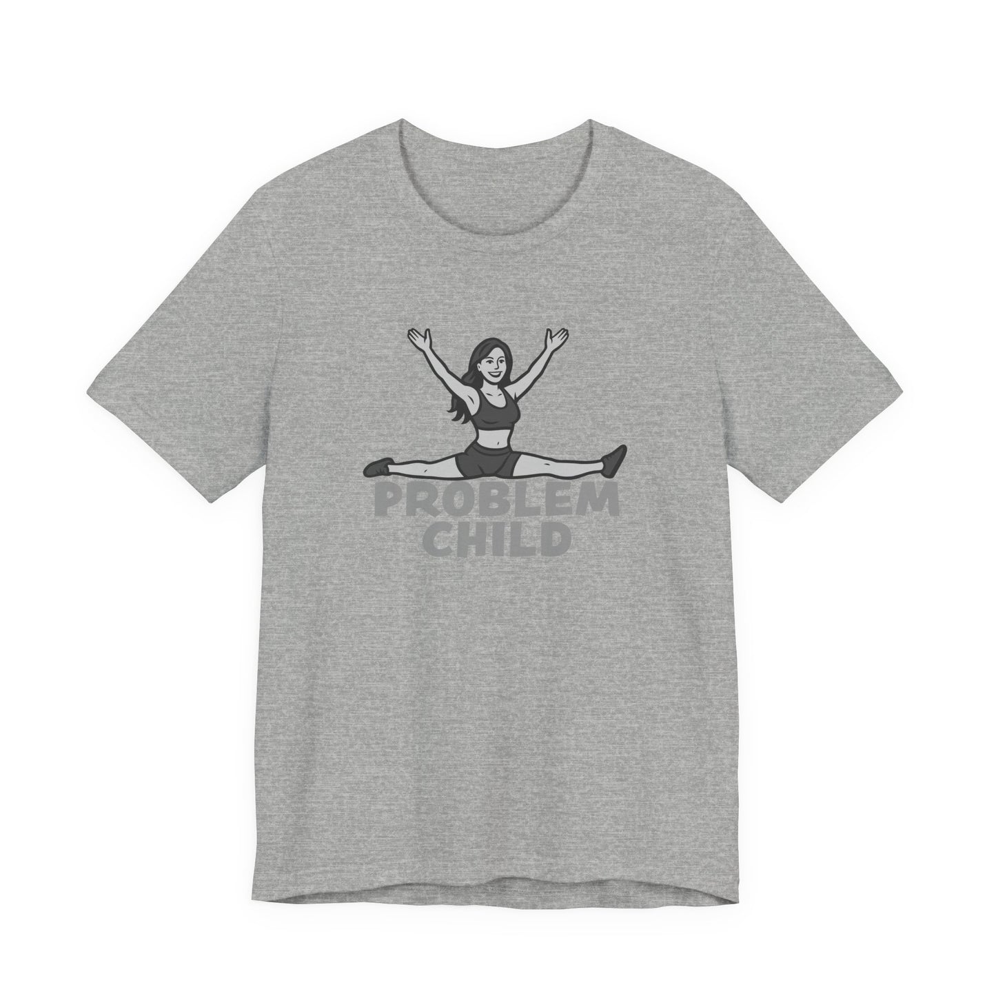 Problem Child Graphic Tee Cheerful Rebel Jump Pose in Bold Dark Theme Monochrome Style. Unisex Jersey Short Sleeve Tee