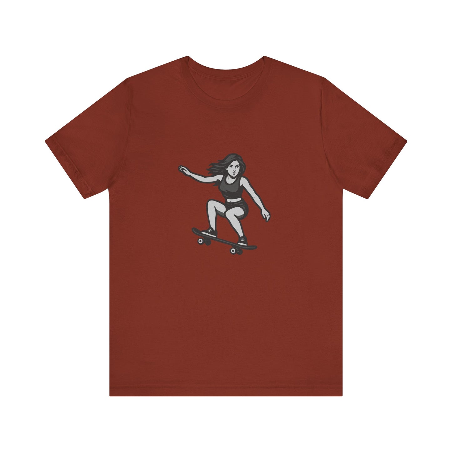 Skater Girl Graphic T-Shirt – Dark Theme Grayscale Skateboarding Design on Black Tee with Bold Motion and Modern Ghost Effect. Unisex Jersey Short Sleeve Tee