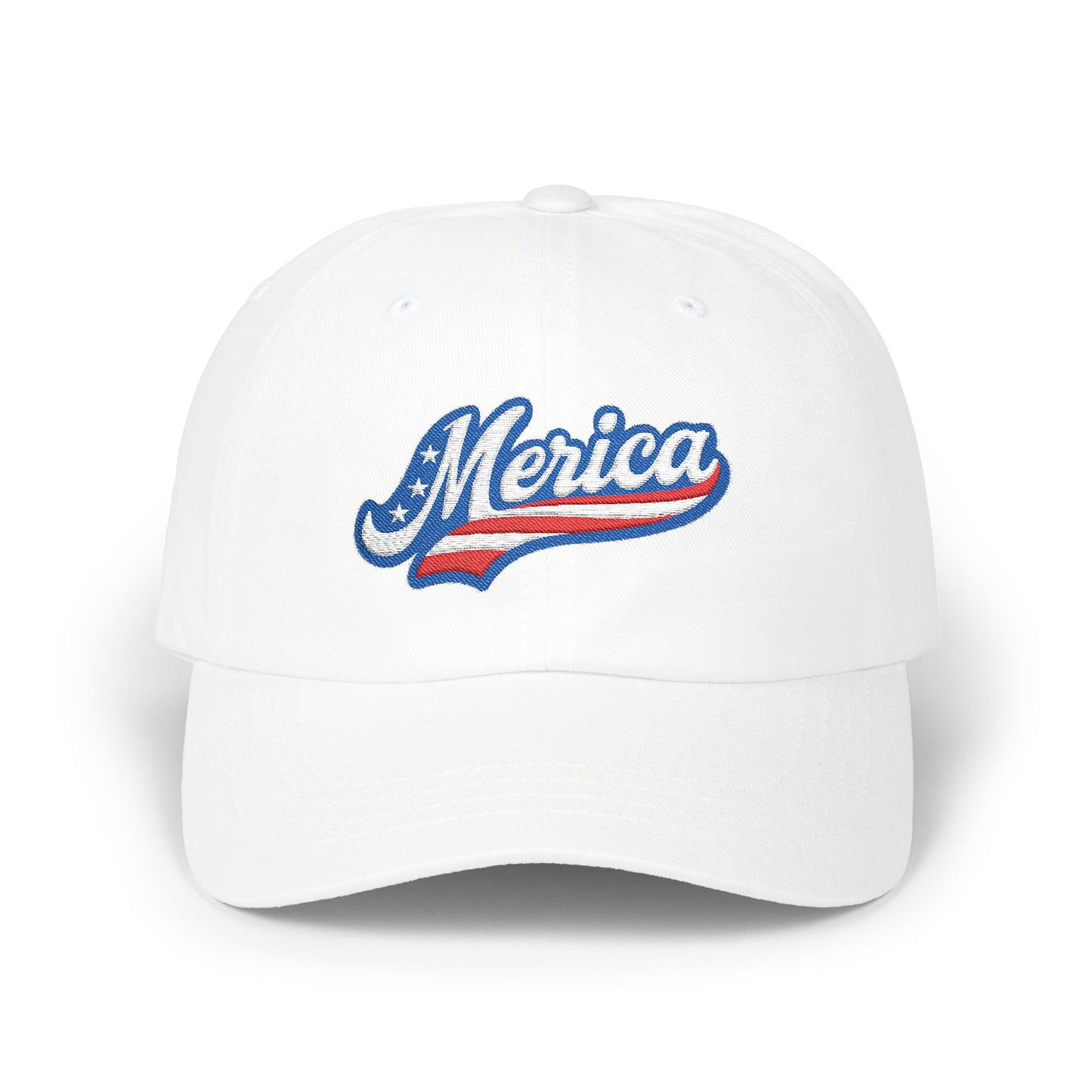 MERICA Embroidered Classic Dad Hat – Patriotic USA Hat with Bold Stars and Stripes Script Design for 4th of July and American Pride