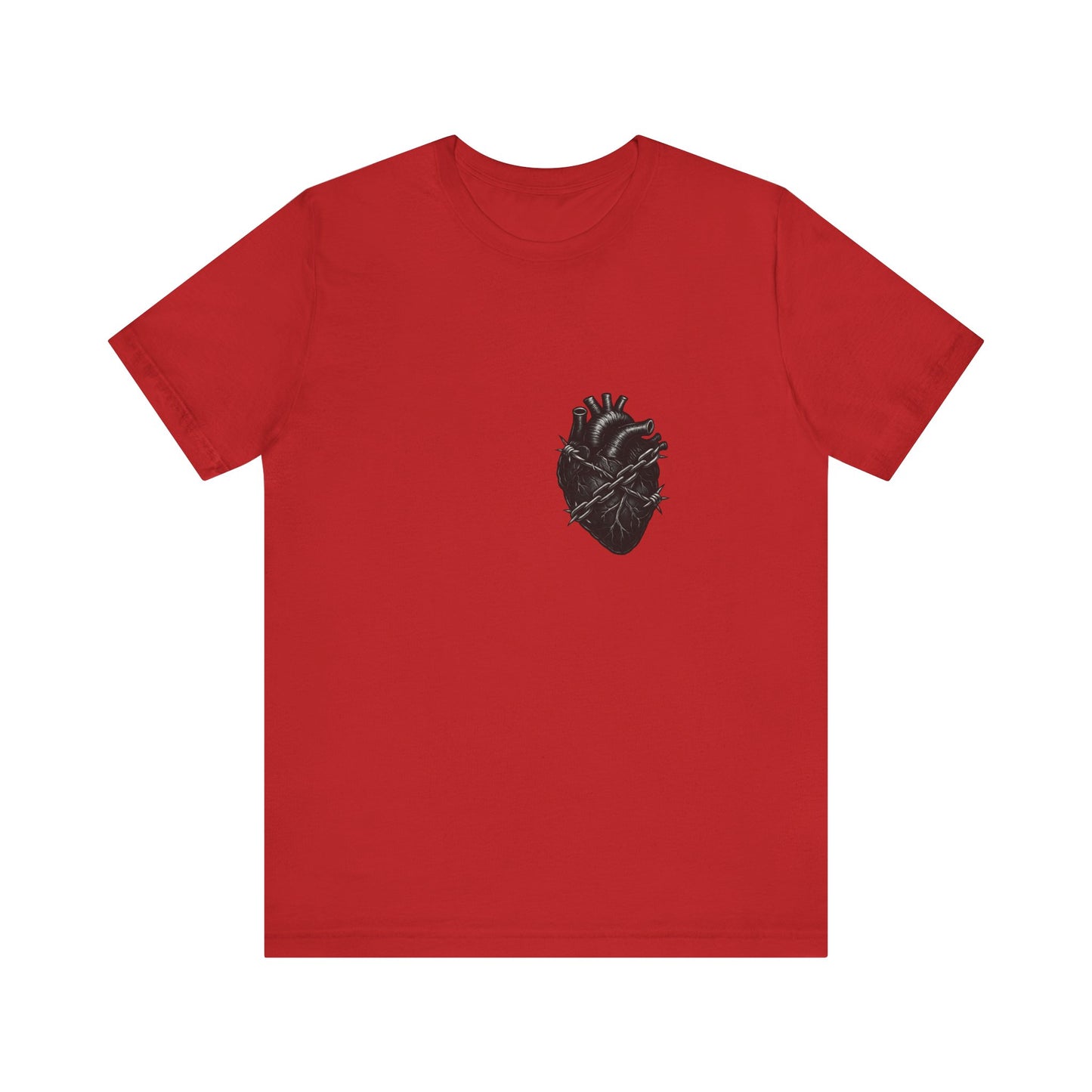 Heart in Chains Shirt – Dark Theme Anatomical Heart Wrapped in Barbed Wire and Commitment Issues. Unisex Jersey Short Sleeve Tee