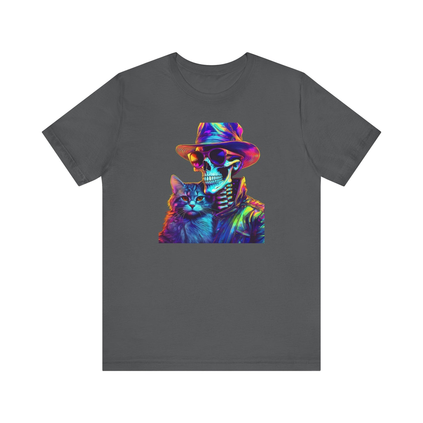 Cool Skeleton and Cat Halloween Shirt – Neon Retro Horror Graphic Tee for Spooky Style and Cat Lovers