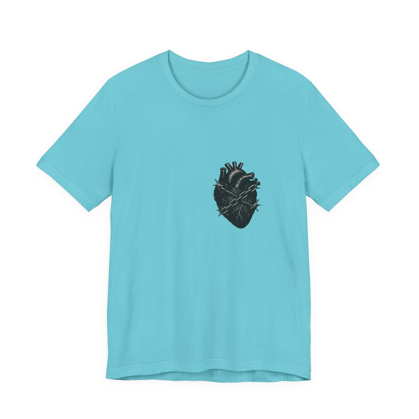 Heart in Chains Shirt – Dark Theme Anatomical Heart Wrapped in Barbed Wire and Commitment Issues. Unisex Jersey Short Sleeve Tee