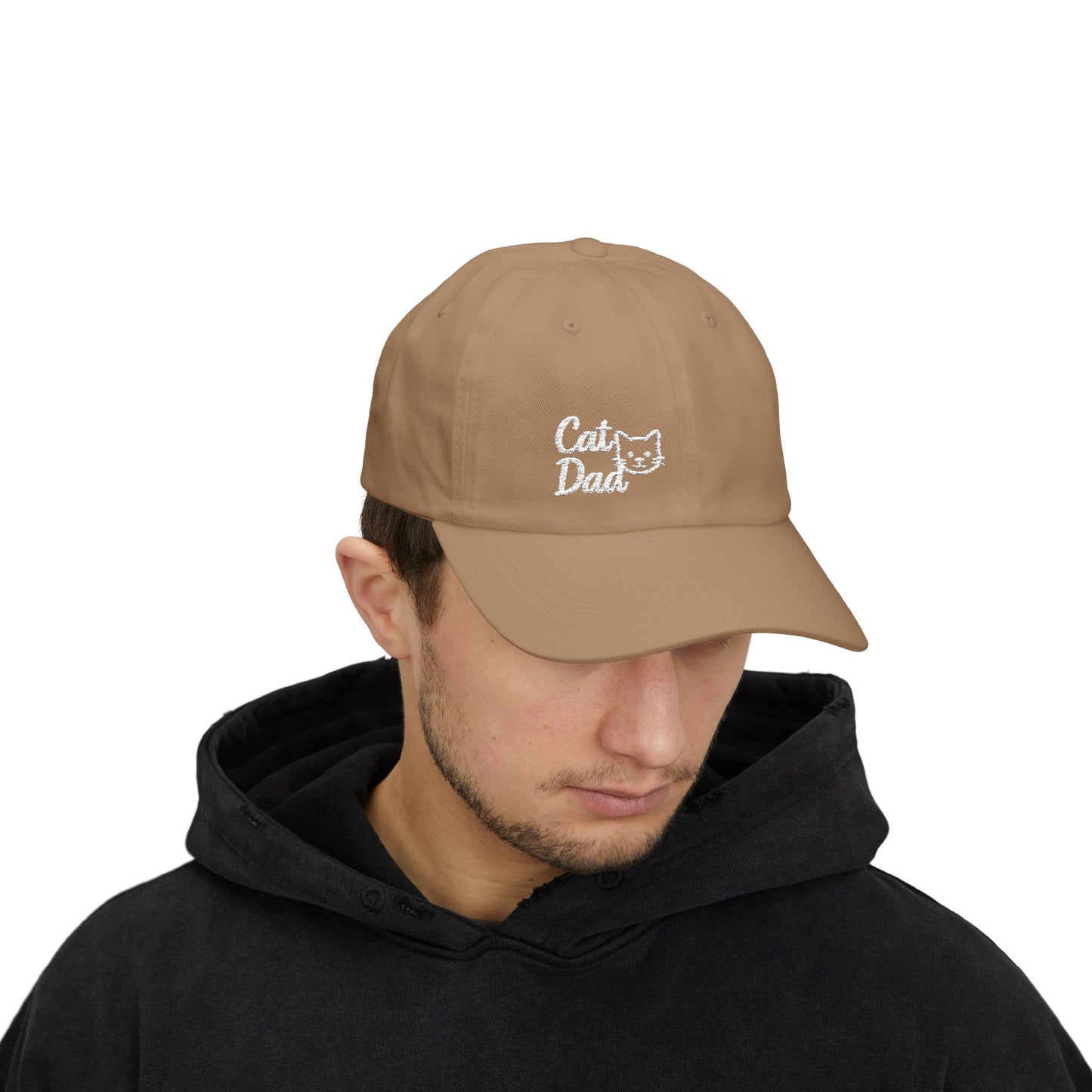 Cat Dad Classic Dad Hat – Embroidered Minimalist Cat Face Hat for Proud Pet Dads and Feline Fans. white letters