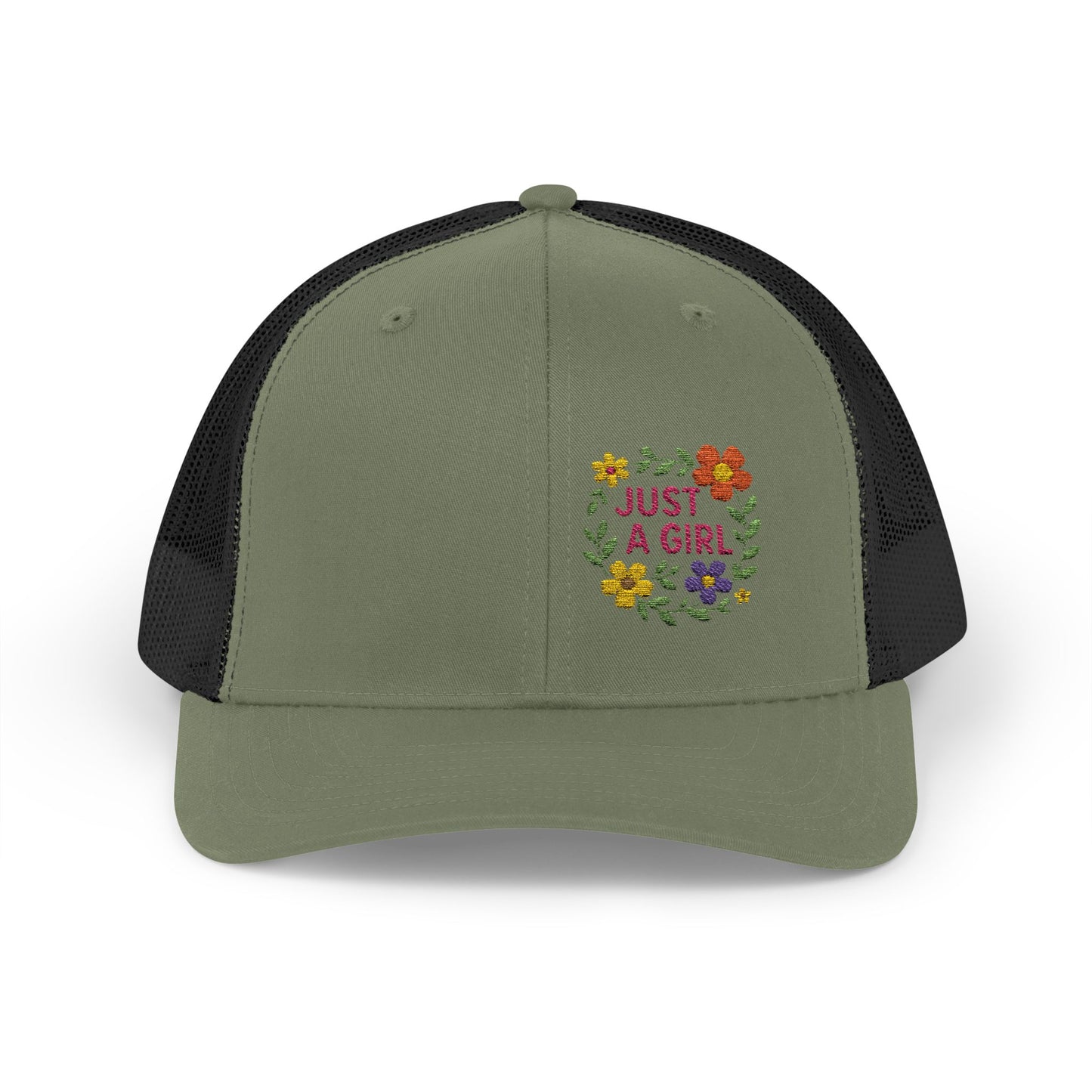 Just a Girl Trucker Hat – Colorful Floral Text Hat with Bold Feminine Style and Summer Vibes